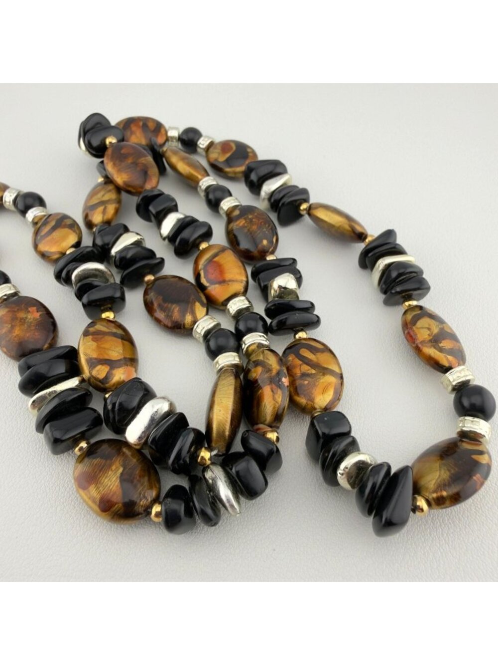 Beaded Acrylic Long Necklace Brown Black Long Silver Tone 30"